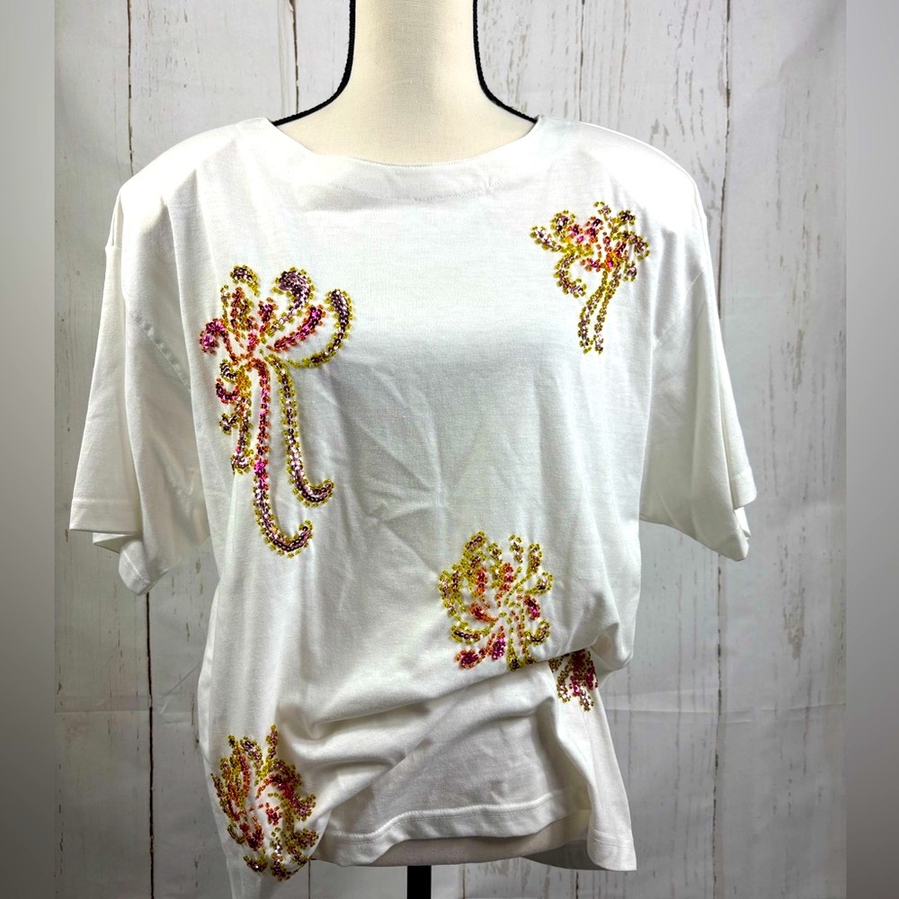 Vintage Oleg Cassini Embellished T-Shirt Padded Shoulders Seed Beads Sequins